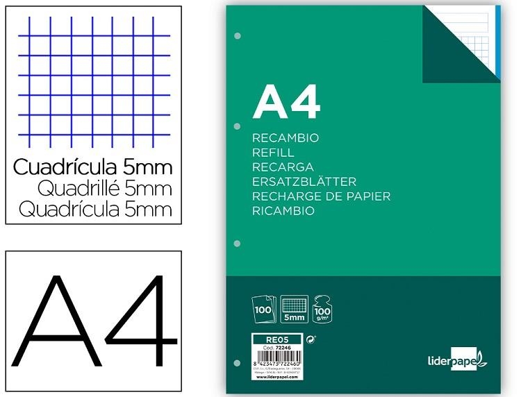 RECANVI A4 LIDERPAPEL 100 FULLS 5 COLORS 4 FORATS 100GR | 8423473722460 | LID72246 | Llibreria La Gralla | Llibreria online de Granollers